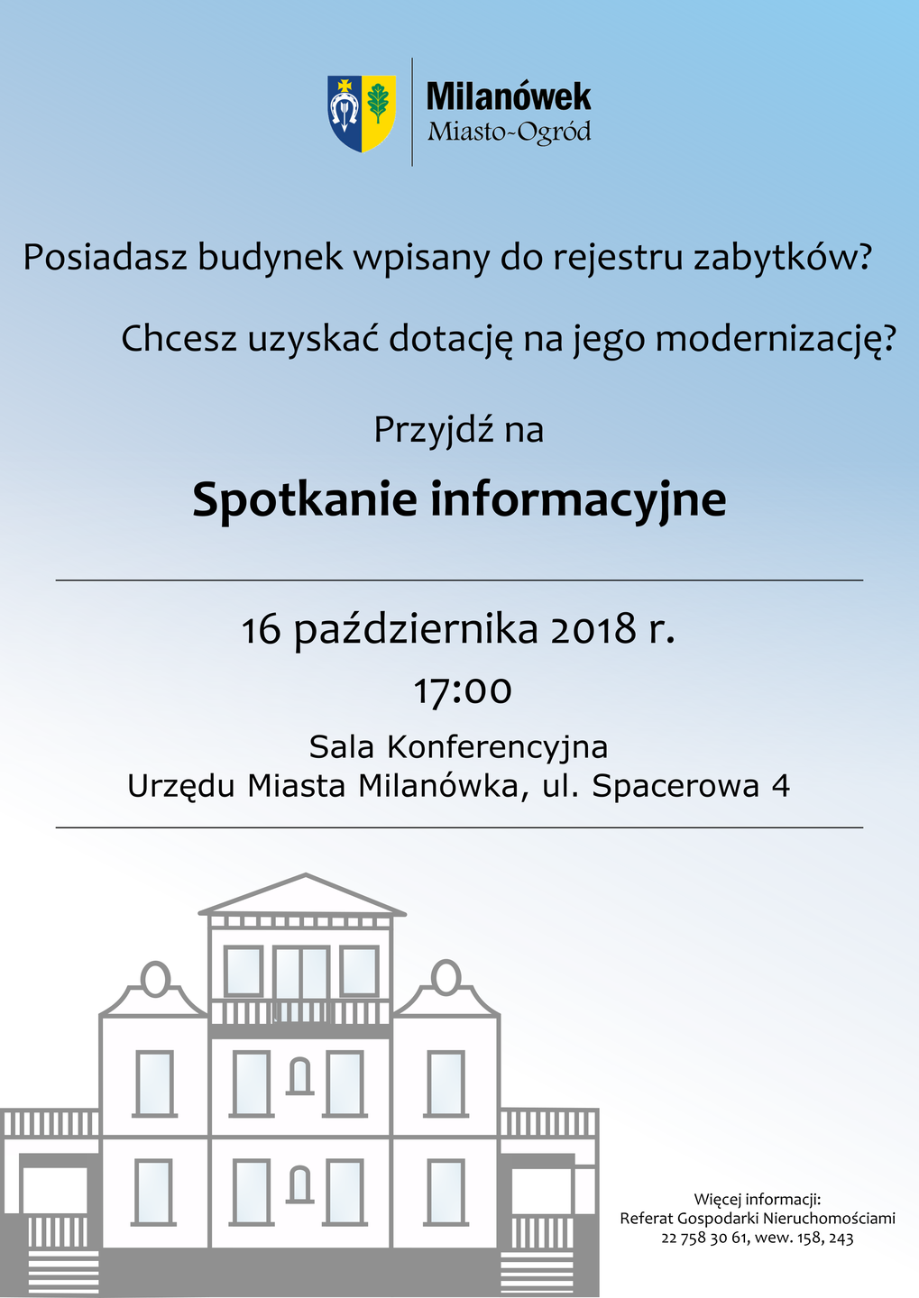 Plakat informujący o spotkaniu informacyjnym dla właścicieli zabytków