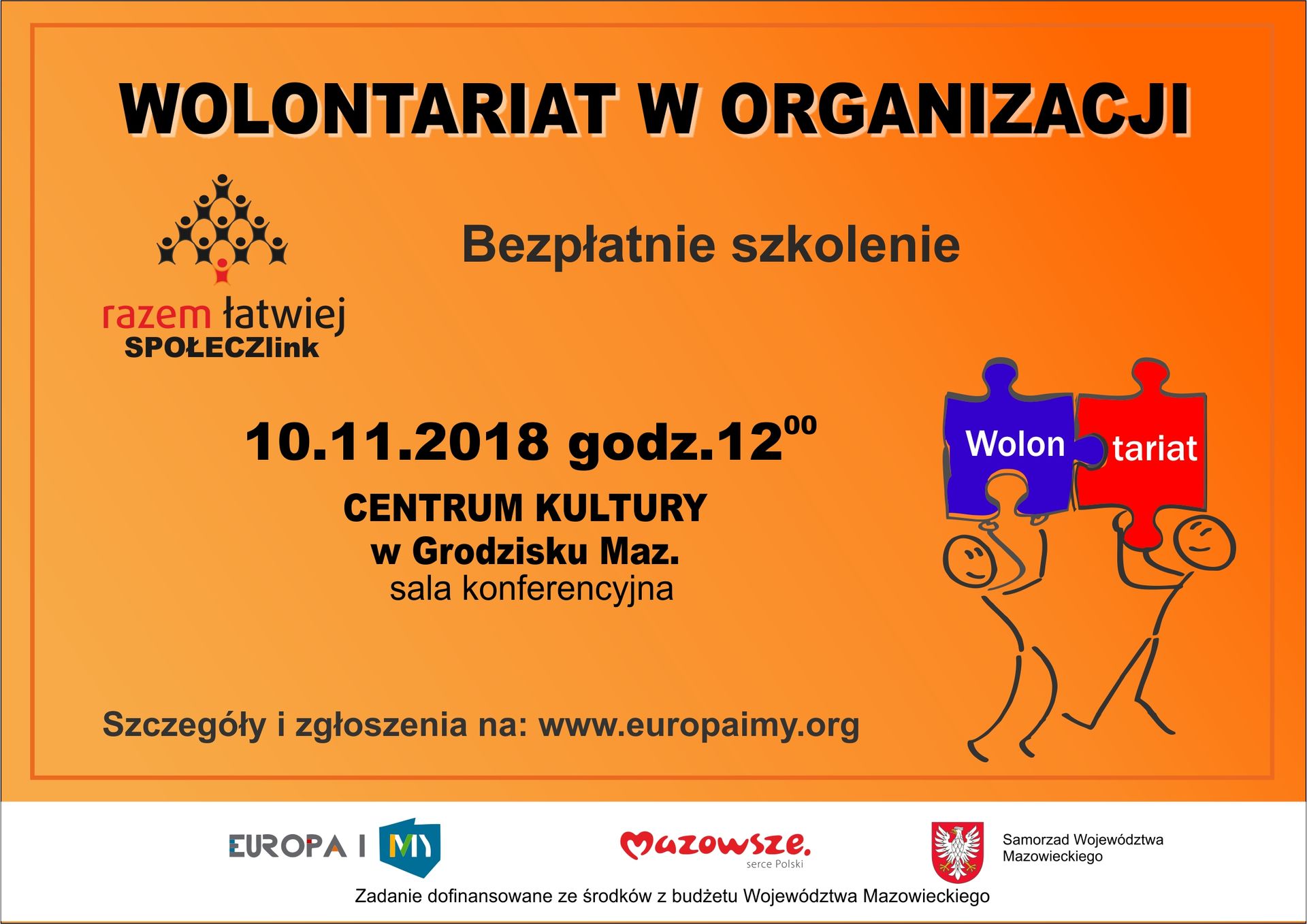 Plakat informujący o bezpłatnym szkoleniu "Wolontariat w organizacji"