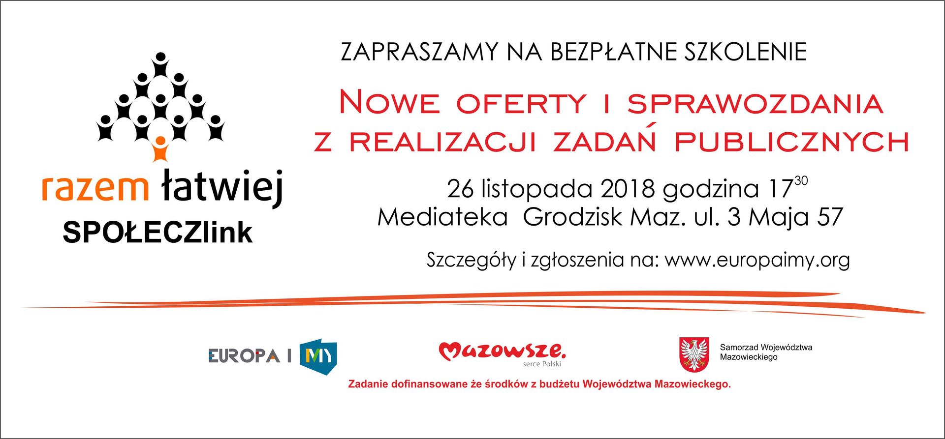 Plakat informujący o bezpłatnym szkoleniu "Nowe oferty i sprawozdania z realizacji zadań publicznych"