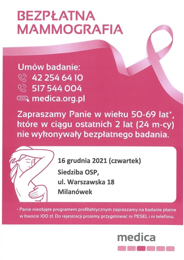 Mammografia w Milanówku - 16 grudnia 2021 - plakat