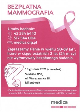 Bezpłatna mammografia w technologii cyfrowej – 16 grudnia 2021 r. - grafika