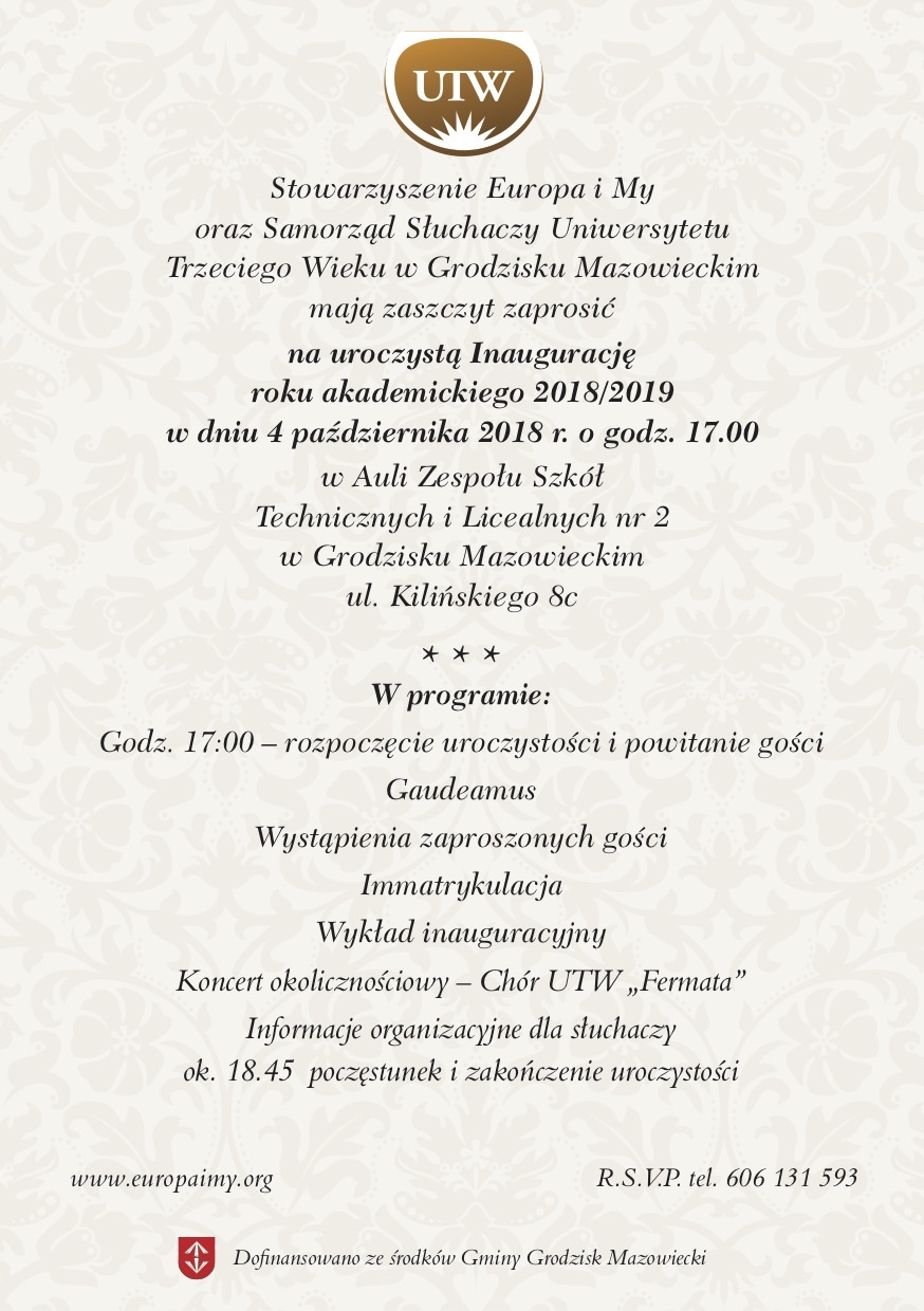 Zaproszenie na wykład inauguacyjny XXVI semestr Uniwersytetu Trzeciego Wieku w Grodzisku Mazowieckim
