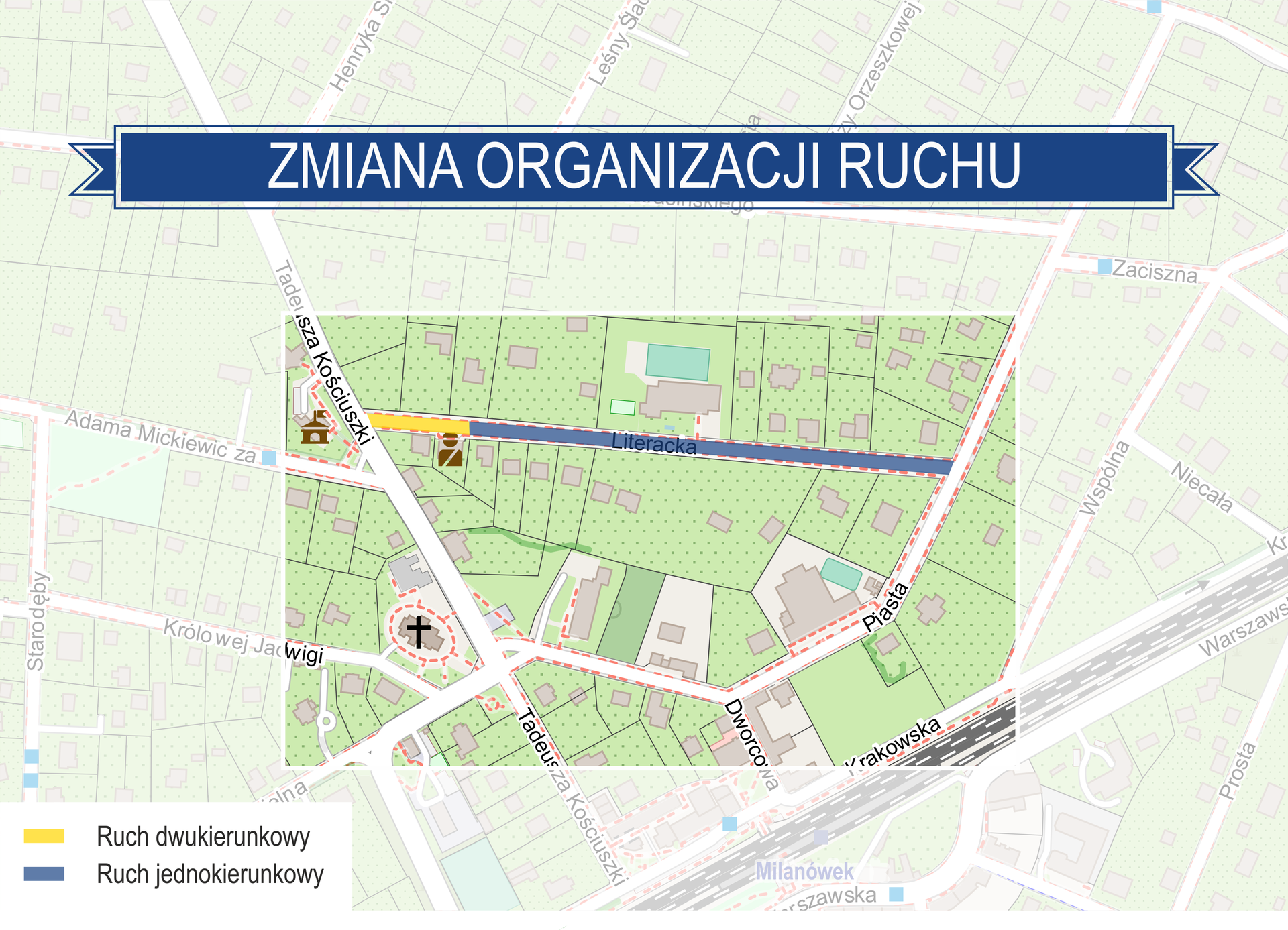 Mapka przedstawiająca zmianę organizacji ruchu na ul. Literackiej
