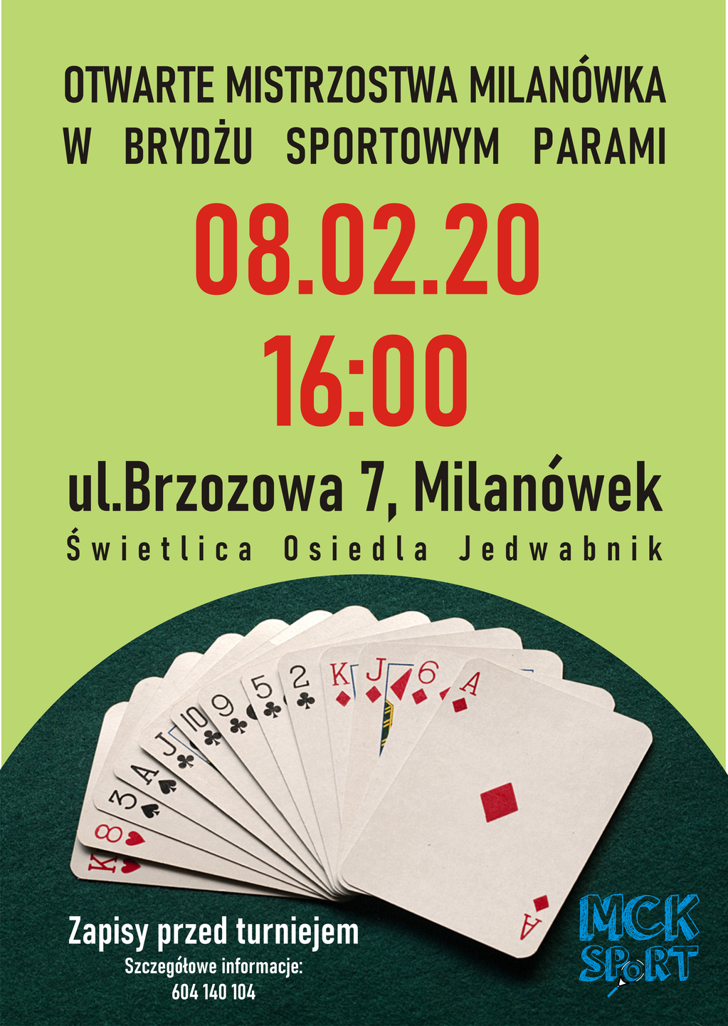 Plakat promujący Otwarte Mistrzostwa Milanówka w Brydżu Sportowym Parami