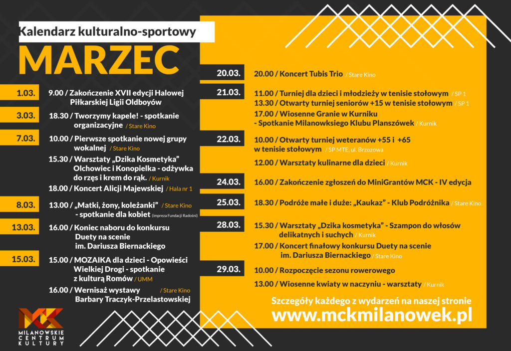 Wydarzenia kulturalno-sportowe Milanowskiego Centrum Kultury w marcu