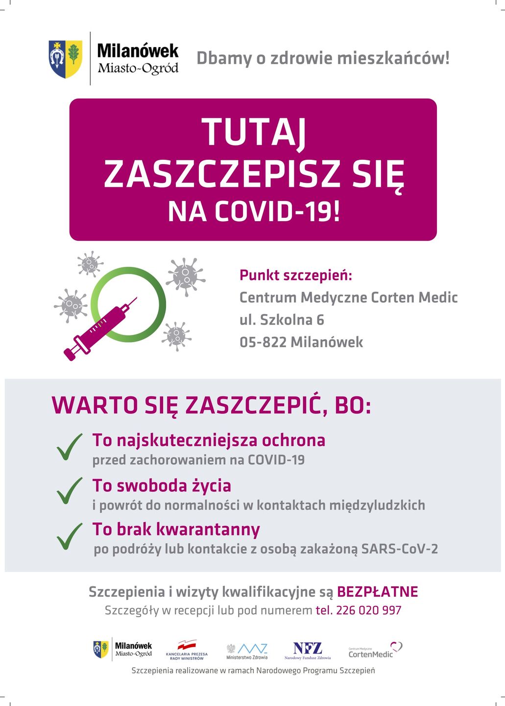 Szczepienia na covid-19 w Milanówku - plakat informacyjny