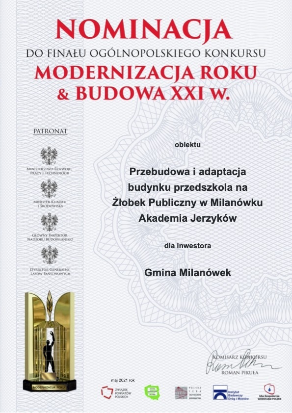 Modernizacja roku: żłobek - dyplom nominacja do finału