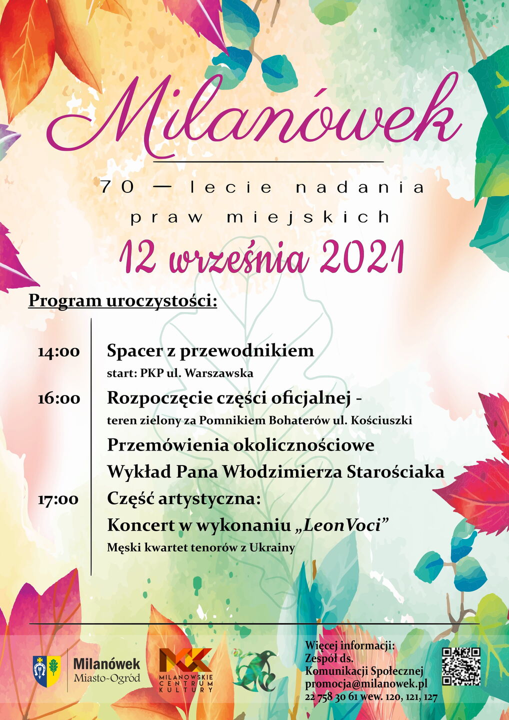 plakat 70 - lecie na kolorowym tle napis Milanówek i program uroczystości  