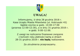Godziny pracy Kasy Urzędu Miasta Milanówka w dniach 28 i 31 grudnia 2018 r. - grafika