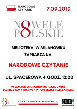Narodowe Czytanie 2019 w Miejskiej Bibliotece Publicznej w Milanówku - grafika