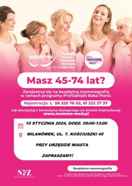Zapraszamy na bezpłatne badania mammograficzne 10 stycznia 2024, godz: 09:00-13:00 - grafika